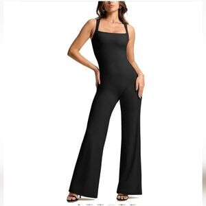 Vilanva Wide Leg flare Jumpsuit Square Neck One Piece Outfit Stretch Romper S